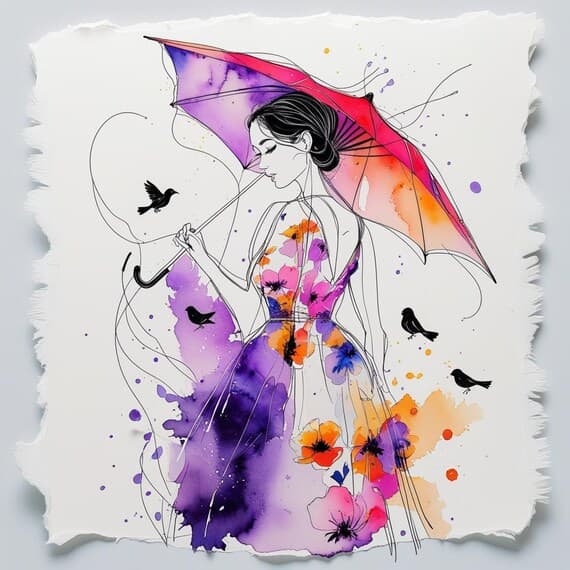 Watercolor Woman with Umbrella Clipart — view 3 — watercolor clipart transparent PNG instant download
