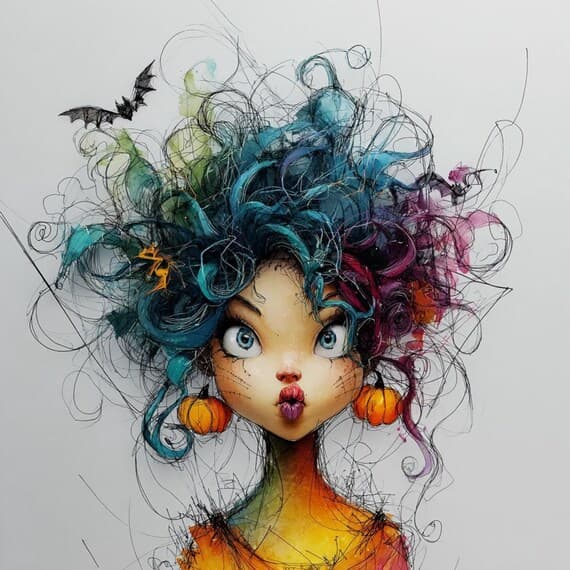 15 Quirky Halloween afro Girl Clipart , abstract Funny Spooky Printabl — view 4 — watercolor clipart transparent PNG instant download
