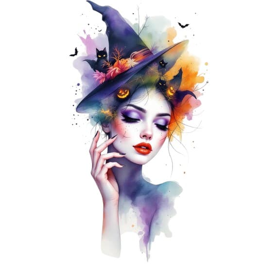Glam Witch PNG – Halloween Woman Portrait, Bats & Florals (Transparent — view 7 — watercolor clipart transparent PNG instant download