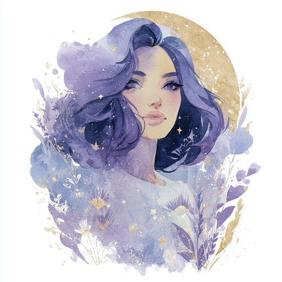 15 Lavender Celestial Woman Faces – Purple Moon Goddess Watercolor Cli — view 5 — watercolor clipart transparent PNG instant download