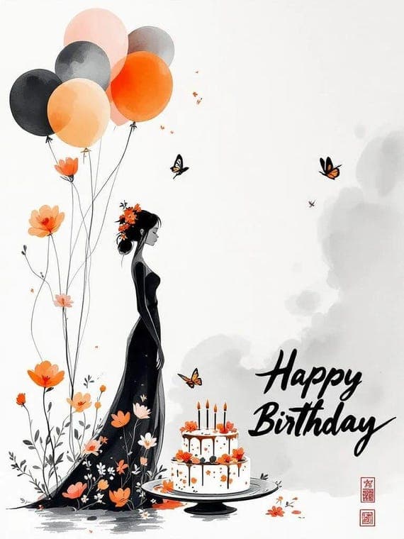 Birthday Girl Watercolor Clipart – Floral Balloons, Cake (JPG) — view 2 — watercolor clipart transparent PNG instant download