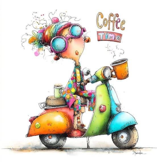 16 Quirky Coffee Scooter Girl Clipart (PNG JPG) — view 4 — watercolor clipart transparent PNG instant download