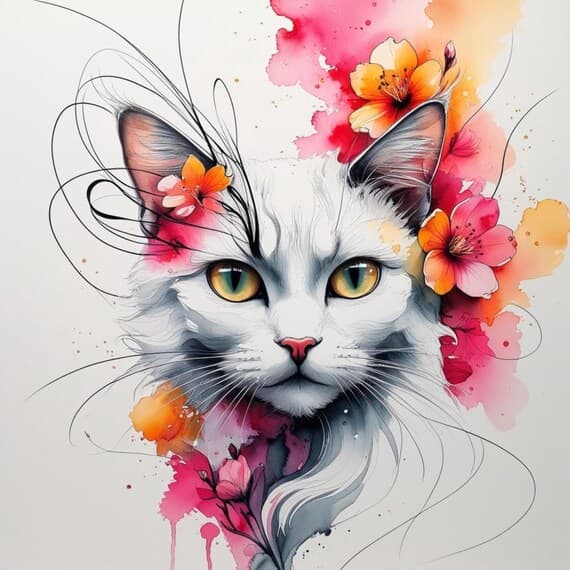 Floral Cat Watercolor Clipart — view 7 — watercolor clipart transparent PNG instant download