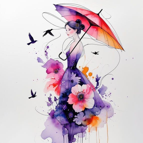 Watercolor Woman with Umbrella Clipart — view 5 — watercolor clipart transparent PNG instant download