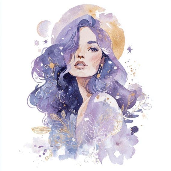 15 Lavender Celestial Woman Faces – Purple Moon Goddess Watercolor Cli — view 3 — watercolor clipart transparent PNG instant download