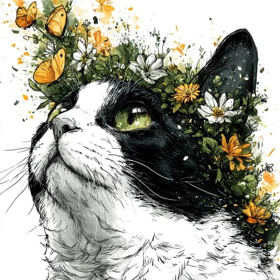 24 Tuxedo Cat Clipart Floral Crown — view 5 — watercolor clipart transparent PNG instant download
