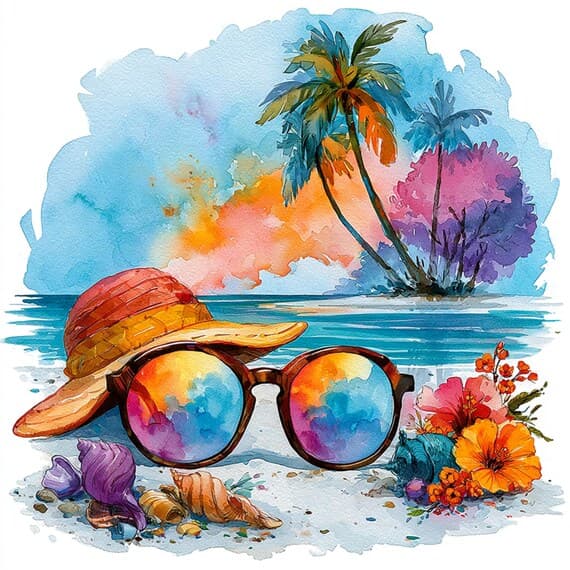 19 Tropical Beach Sunset Clipart — watercolor clipart transparent PNG instant download