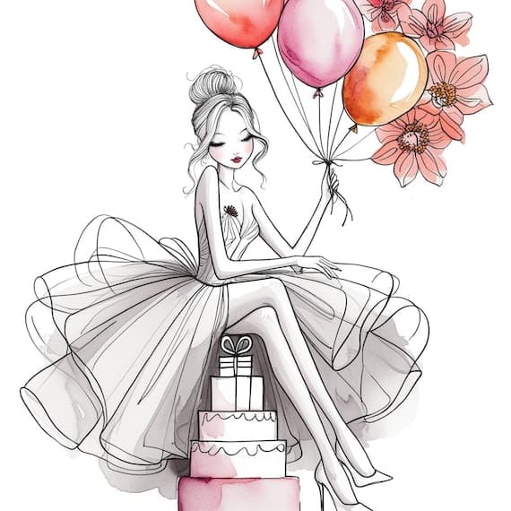 Birthday Girl Watercolor Clipart — view 2 — watercolor clipart transparent PNG instant download