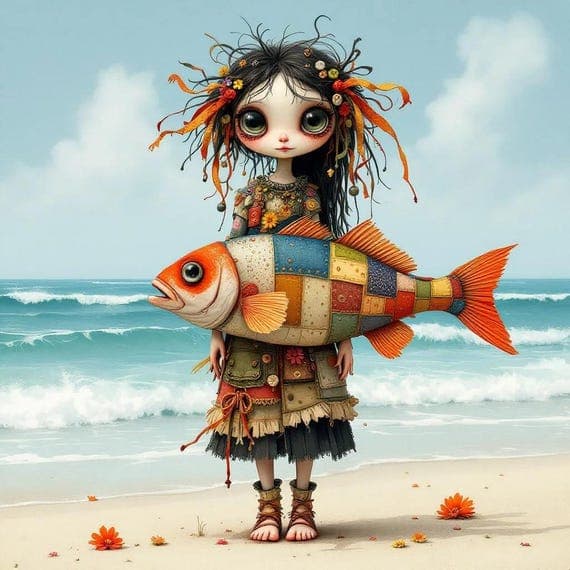 Whimsical Girl Clipart – Hugging Fish, Patchwork Dress (Digital Downlo — view 6 — watercolor clipart transparent PNG instant download