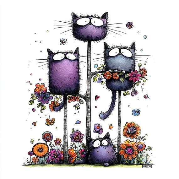 15 Quirky Cat Clipart (JPG) – Whimsical Floral Cats Illustration — view 6 — watercolor clipart transparent PNG instant download
