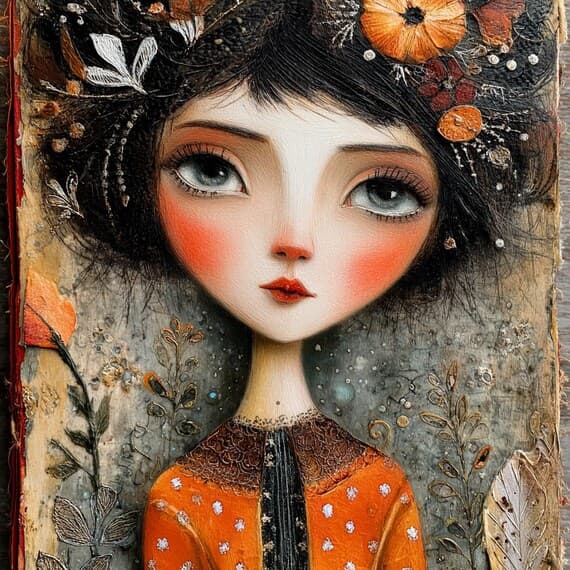 15 Whimsical Girl & Cat Clipart JPG – Folk Art Floral Illustrations fo — view 8 — watercolor clipart transparent PNG instant download