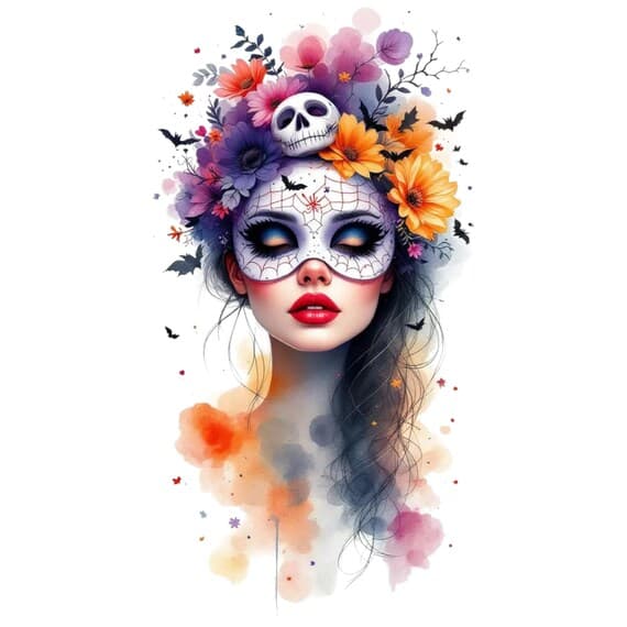 Glam Witch PNG – Halloween Woman Portrait, Bats & Florals (Transparent — view 6 — watercolor clipart transparent PNG instant download