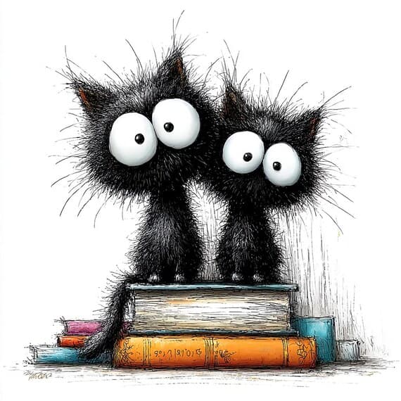 23 Fluffy Black Cat Clipart JPG – Funny Book Lover Cats for Junk Journ — view 2 — watercolor clipart transparent PNG instant download