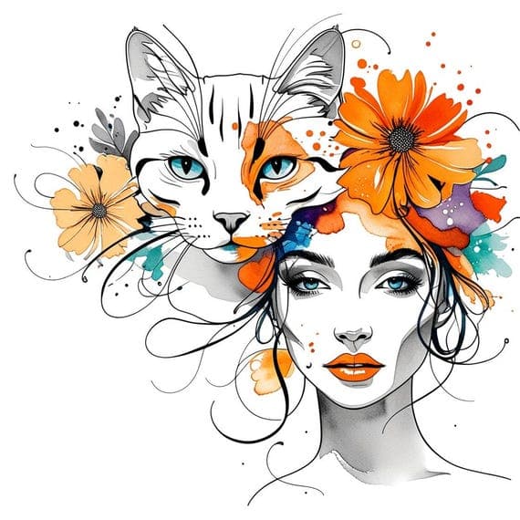 Floral Woman and Cat Watercolor Clipart — watercolor clipart transparent PNG instant download