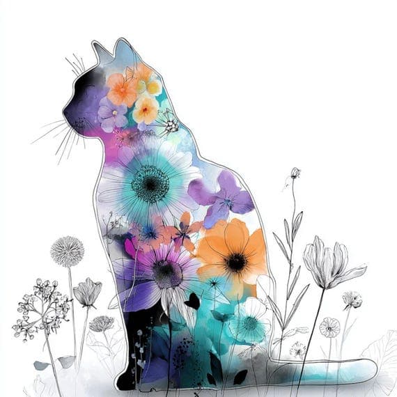 15 Floral Cat Silhouette Clipart (JPG) — view 8 — watercolor clipart transparent PNG instant download