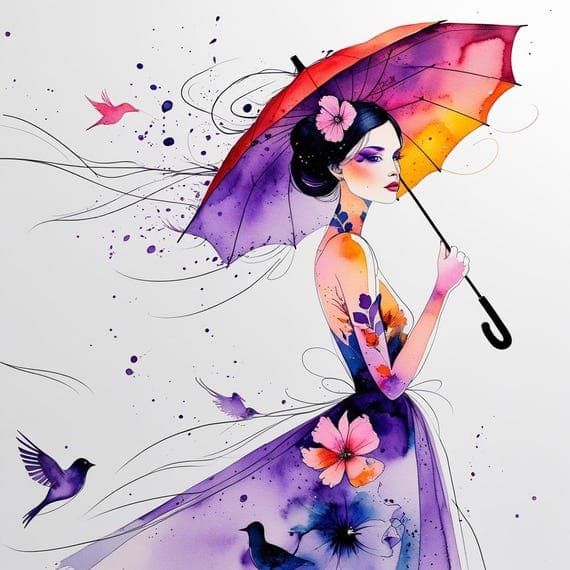 Watercolor Woman with Umbrella Clipart — view 6 — watercolor clipart transparent PNG instant download