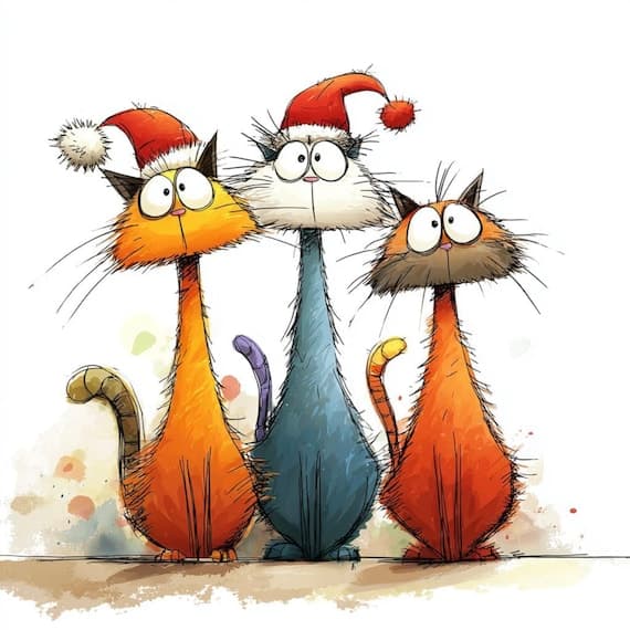 20 Funny Christmas Cat Clipart – Quirky Holiday Cats with Santa Hats f — view 2 — watercolor clipart transparent PNG instant download