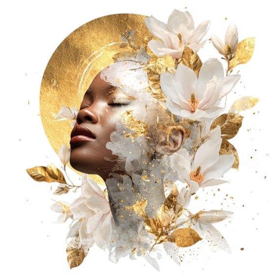 Afro Celestial Woman Clipart – Gold Floral Goddess PNG JPG (Digital Do — view 6 — watercolor clipart transparent PNG instant download
