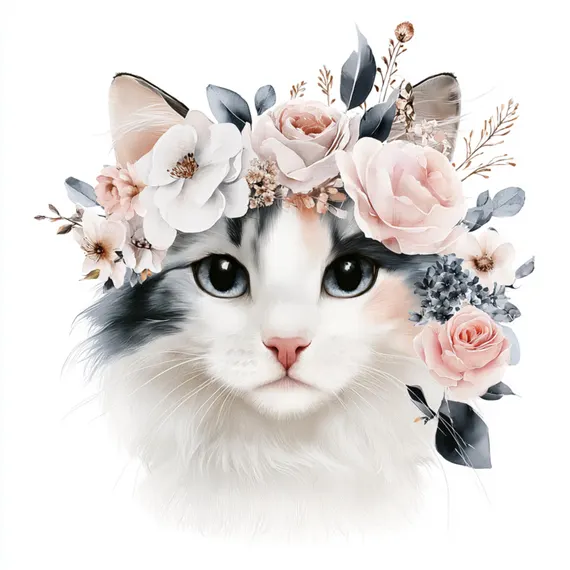 24 Tuxedo Cat Clipart Floral Crown — view 2 — watercolor clipart transparent PNG instant download