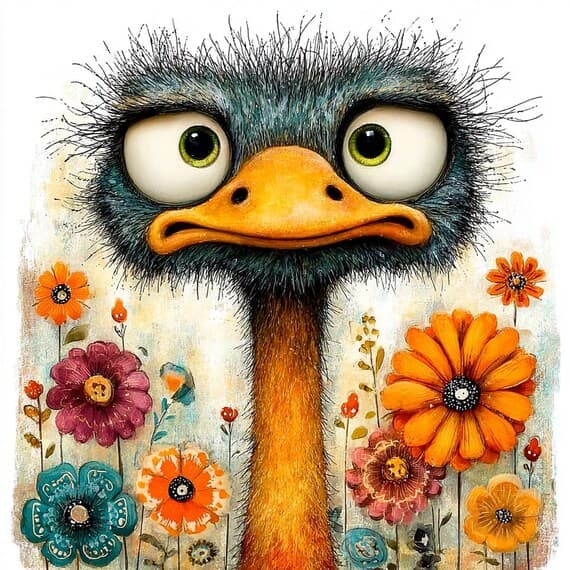40 Peeking Ostrich Floral Clipart Funny Animal Portrait Junk Journal W — view 6 — watercolor clipart transparent PNG instant download