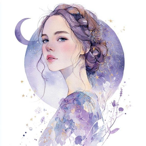 15 Lavender Celestial Woman Faces – Purple Moon Goddess Watercolor Cli — view 7 — watercolor clipart transparent PNG instant download