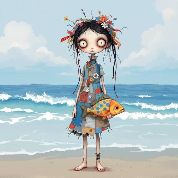 Whimsical Girl Clipart – Hugging Fish, Patchwork Dress (Digital Downlo — view 7 — watercolor clipart transparent PNG instant download