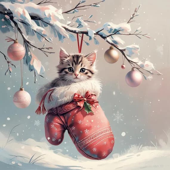 Christmas Kitten Clipart, Watercolor Cat in Mitten (Digital Download) — view 2 — watercolor clipart transparent PNG instant download