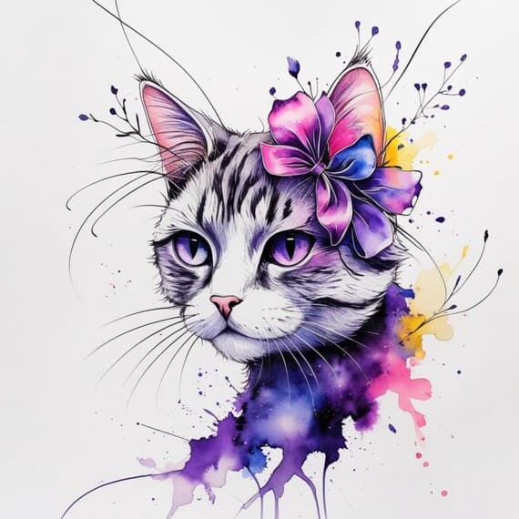 Floral Cat Watercolor Clipart — view 5 — watercolor clipart transparent PNG instant download