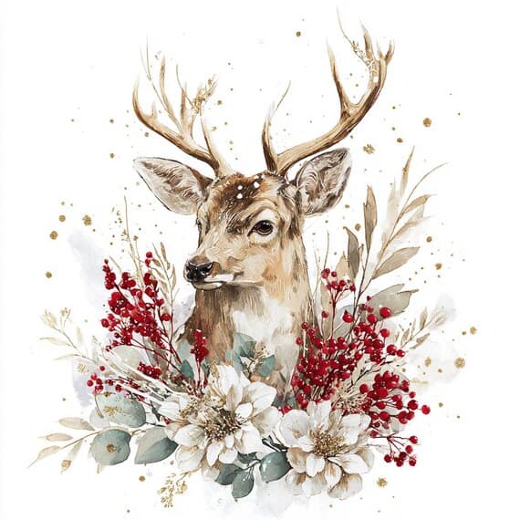 15 Winter Floral Deer Clipart – Cozy Christmas Watercolor Deer Illustr — view 3 — watercolor clipart transparent PNG instant download