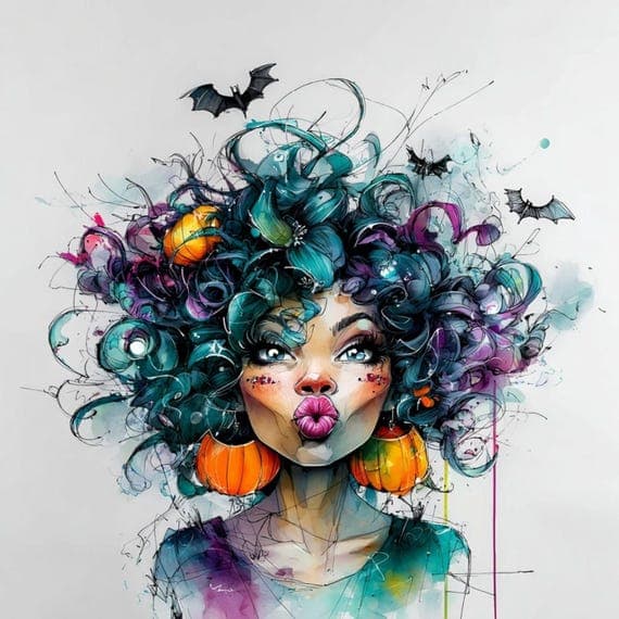 15 Quirky Halloween afro Girl Clipart , abstract Funny Spooky Printabl — view 7 — watercolor clipart transparent PNG instant download