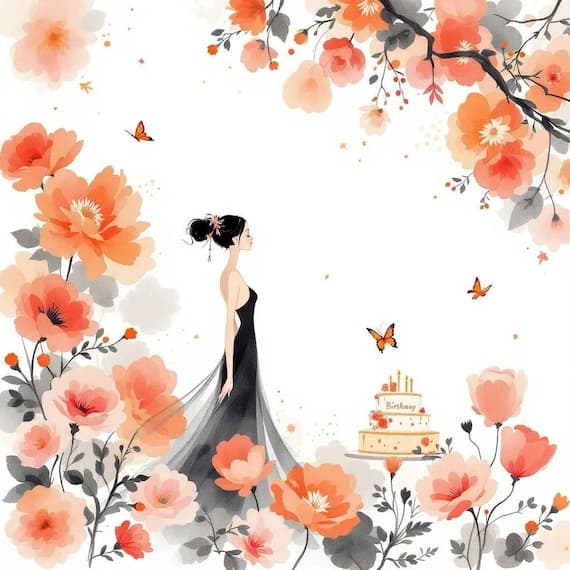 Birthday Girl Watercolor Clipart – Floral Balloons, Cake (JPG) — view 6 — watercolor clipart transparent PNG instant download