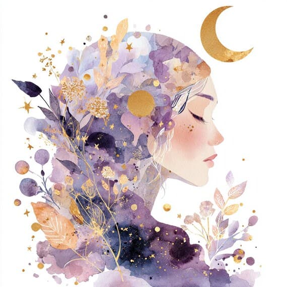 15 Lavender Celestial Woman Faces – Purple Moon Goddess Watercolor Cli — view 2 — watercolor clipart transparent PNG instant download