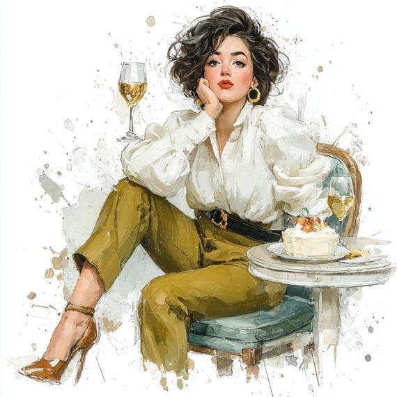 15 Watercolor Lifestyle Prints, Elegant Women with Wine and Cake, Chic — view 8 — watercolor clipart transparent PNG instant download