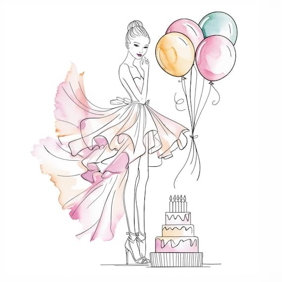 Birthday Girl Watercolor Clipart — view 4 — watercolor clipart transparent PNG instant download