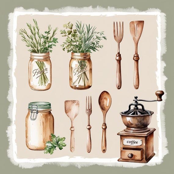 Farmhouse Kitchen Art Prints — view 4 — watercolor clipart transparent PNG instant download