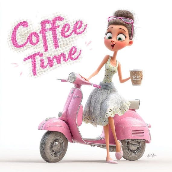 16 Quirky Coffee Scooter Girl Clipart (PNG JPG) — view 7 — watercolor clipart transparent PNG instant download
