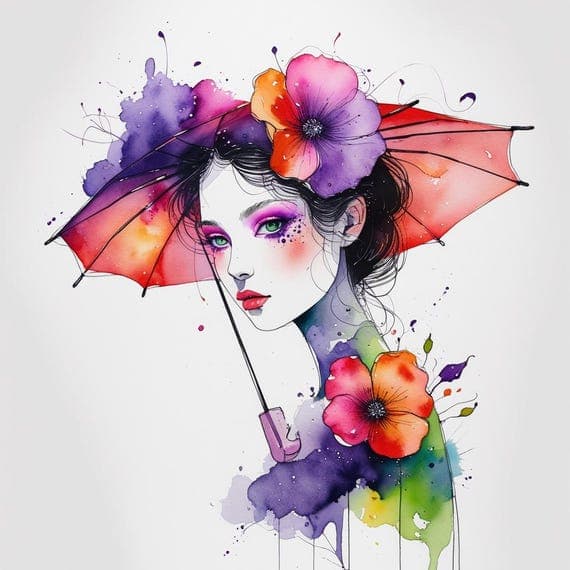 Watercolor Woman with Umbrella Clipart — view 2 — watercolor clipart transparent PNG instant download