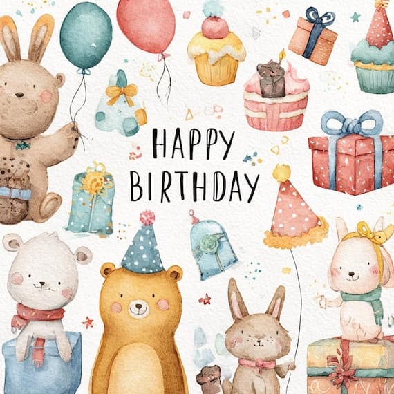 10 Happy Birthday Animal Clipart — view 7 — watercolor clipart transparent PNG instant download