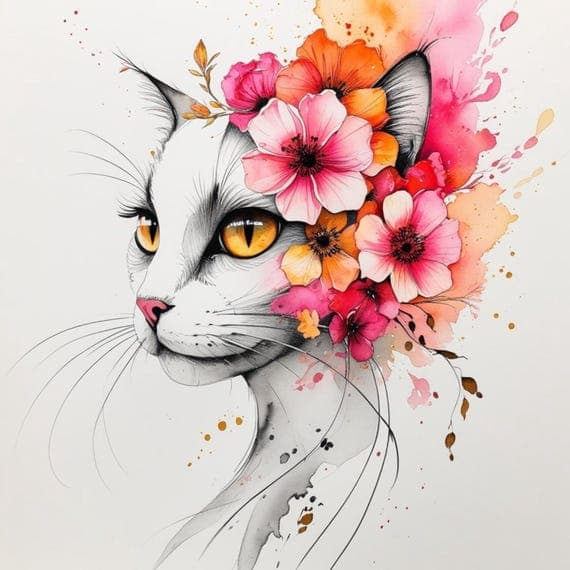 Floral Cat Watercolor Clipart — view 3 — watercolor clipart transparent PNG instant download