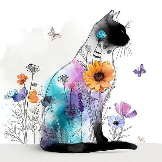 15 Floral Cat Silhouette Clipart (JPG) — view 6 — watercolor clipart transparent PNG instant download