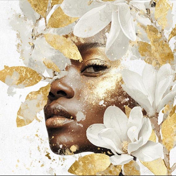 Afro Celestial Woman Clipart – Gold Floral Goddess PNG JPG (Digital Do — view 3 — watercolor clipart transparent PNG instant download