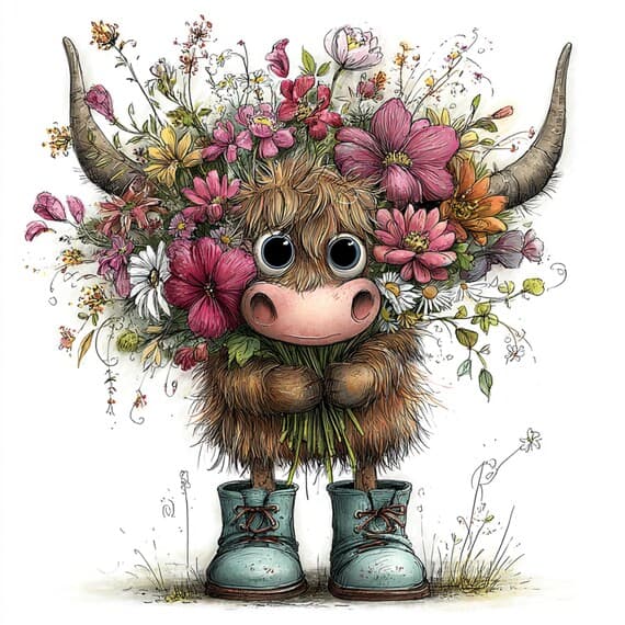 33 Whimsical Baby Highland Cow Clipart — view 4 — watercolor clipart transparent PNG instant download