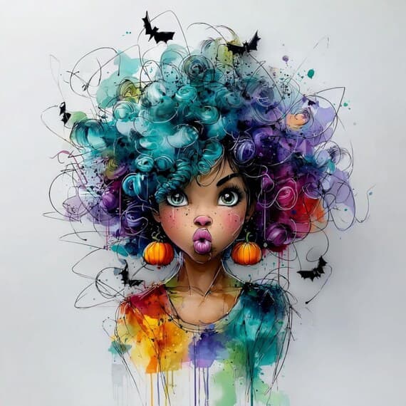 15 Quirky Halloween afro Girl Clipart , abstract Funny Spooky Printabl — watercolor clipart transparent PNG instant download