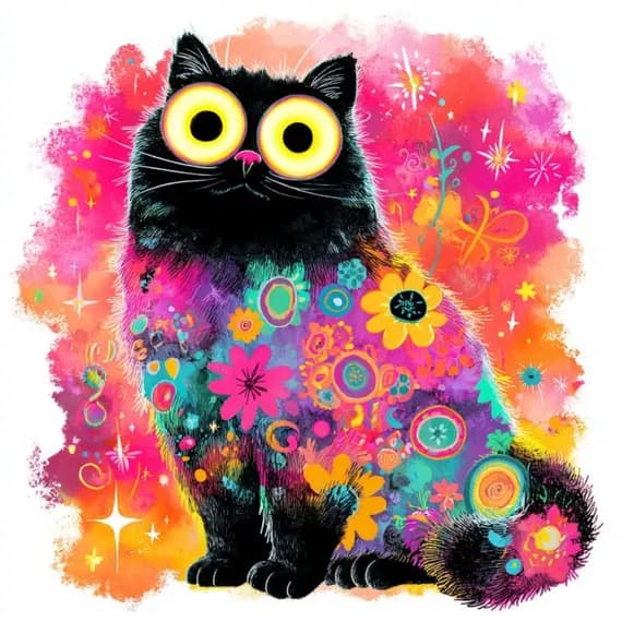 Psychedelic Neon Cat Clipart — watercolor clipart transparent PNG instant download
