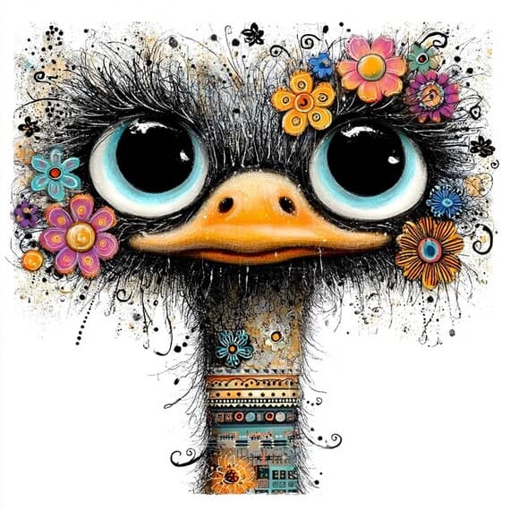 40 Peeking Ostrich Floral Clipart Funny Animal Portrait Junk Journal W — view 3 — watercolor clipart transparent PNG instant download