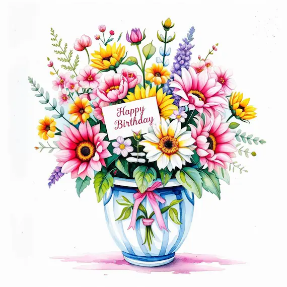 Happy Floral Birthday Clipart Bundle PNG — view 2 — watercolor clipart transparent PNG instant download