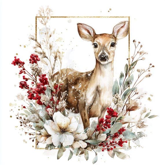 15 Winter Floral Deer Clipart – Cozy Christmas Watercolor Deer Illustr — watercolor clipart transparent PNG instant download