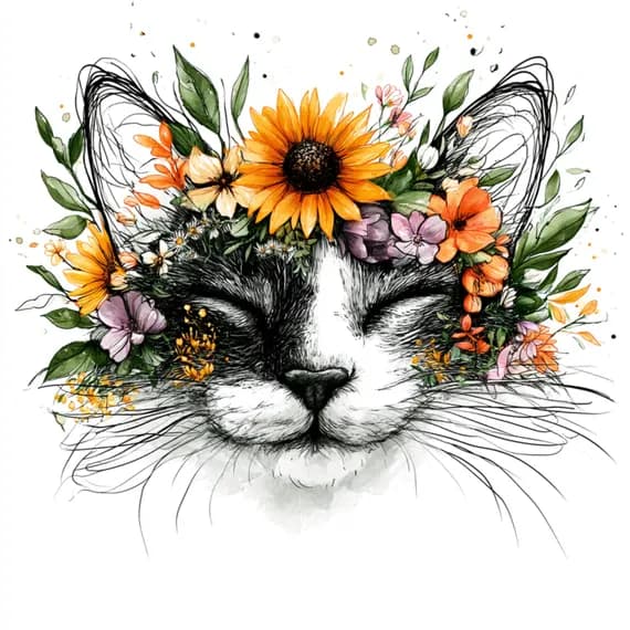 24 Tuxedo Cat Clipart Floral Crown — view 7 — watercolor clipart transparent PNG instant download