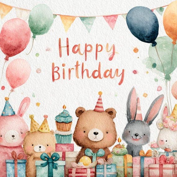 10 Happy Birthday Animal Clipart — view 2 — watercolor clipart transparent PNG instant download