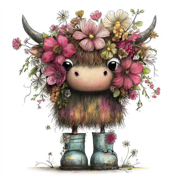 33 Whimsical Baby Highland Cow Clipart — view 3 — watercolor clipart transparent PNG instant download